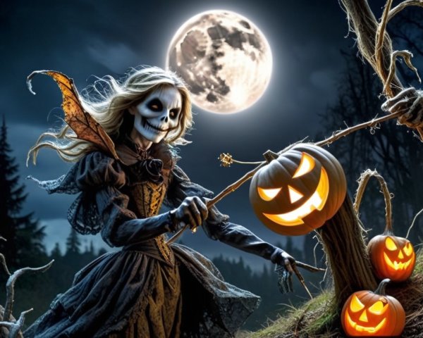 Skeletal Figure in Dark Dress Under Full Moon