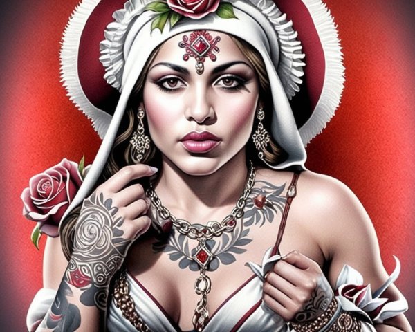 Portrait of a Woman in Traditional Outfit and Tattoos