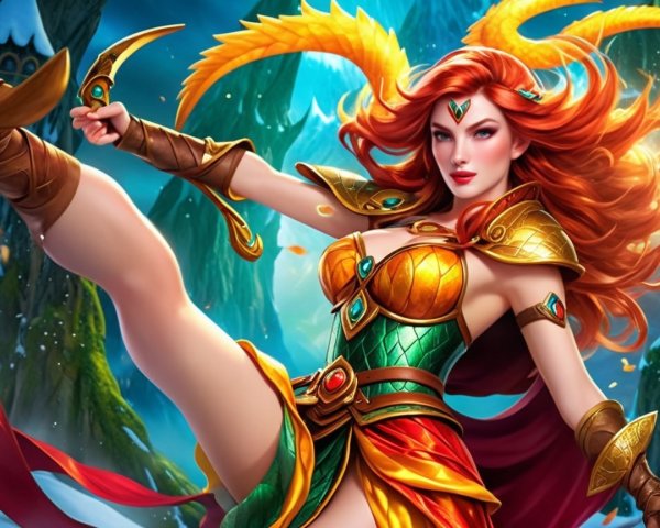Fierce Warrior in Green and Gold Armor with Phoenix