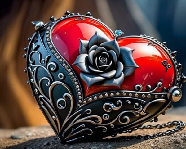 Heart-Shaped Locket with Black Rose and Silver Details