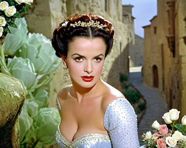Glamorous woman in gown with roses and historic backdrop