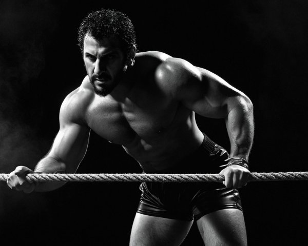 Muscular Fighter Pulling Rope in Black-and-White Scene
