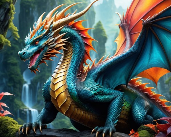Majestic dragon on rocky outcrop in vibrant landscape