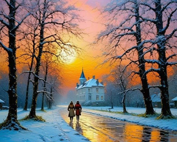 Snowy Winter Landscape with Sunset and Figures Walking