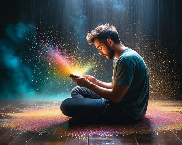 Young man on wooden floor with colorful atmosphere