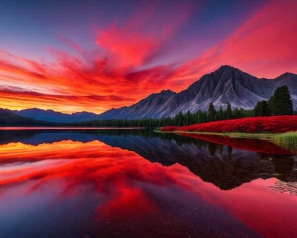 Vibrant Sunset Over Tranquil Lake and Mountains