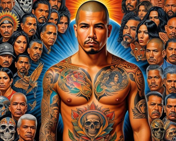 Muscular Man with Tattoos Surrounded by Diverse Faces