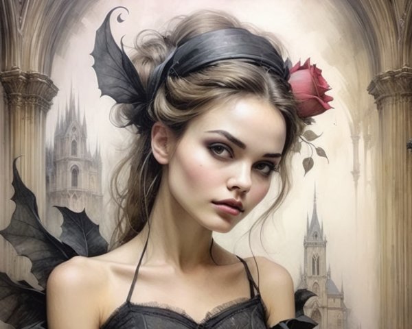 Ethereal Beauty with Dark Wings in Gothic Setting