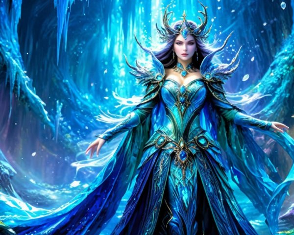 Majestic Ice Queen in a Mystical Frozen Landscape