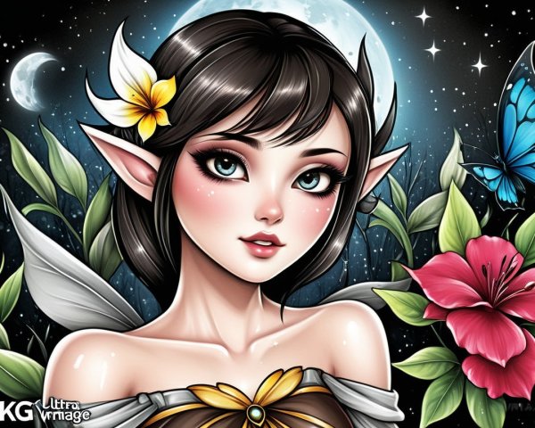 Fantasy Portrait of Elf Woman in Night Sky Setting