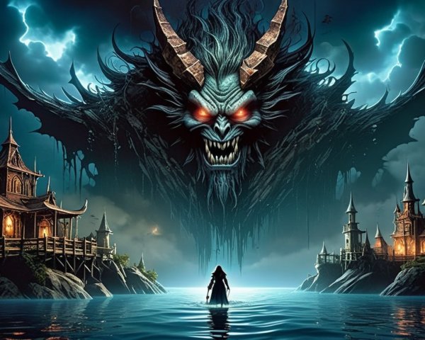Menacing figure with red eyes over tranquil bay scene