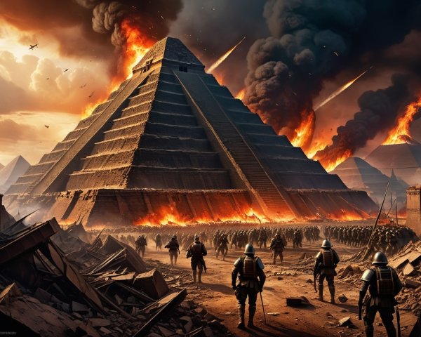 Pyramid Surrounded by Flames on a Battlefield