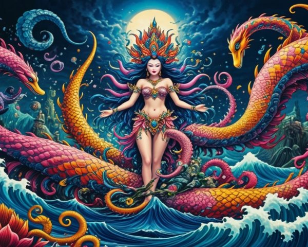 Mythical goddess in vibrant underwater realm with sea serpents