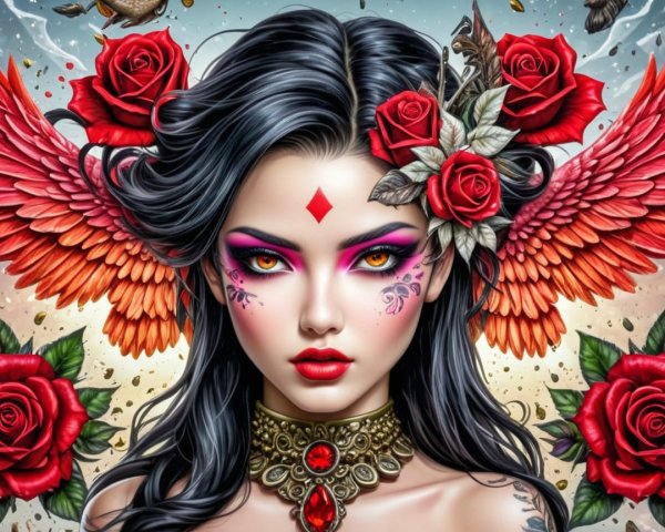 Portrait of a Woman with Black Hair and Red Wings