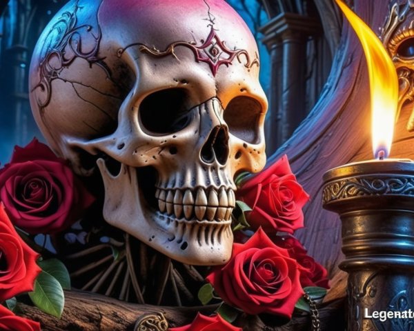 Still Life with Skull, Roses, and Candlelight