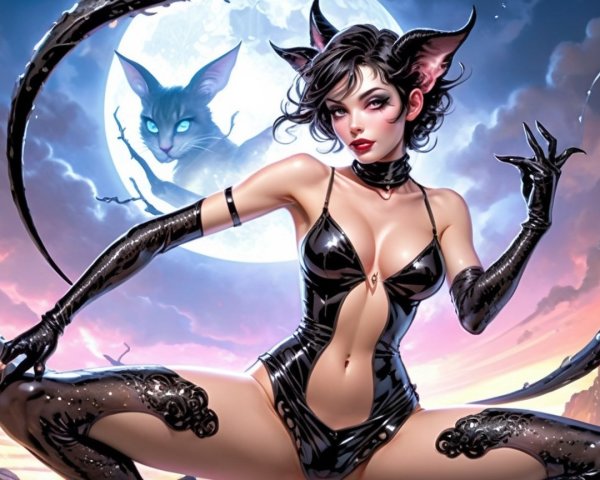 Mystical Figure in Black Catsuit with Enchanting Cat