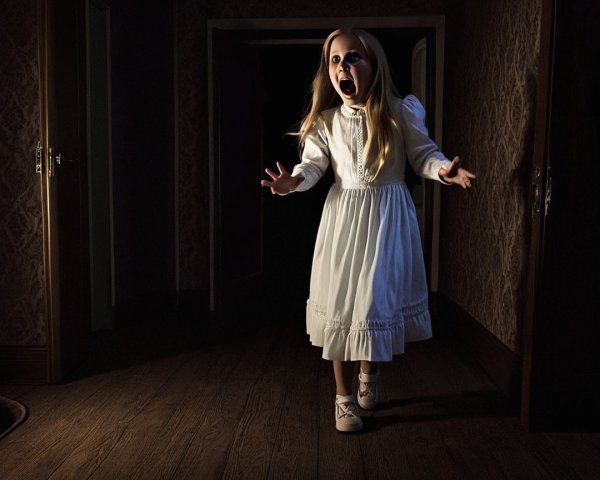 Young girl in white dress in eerie hallway setting