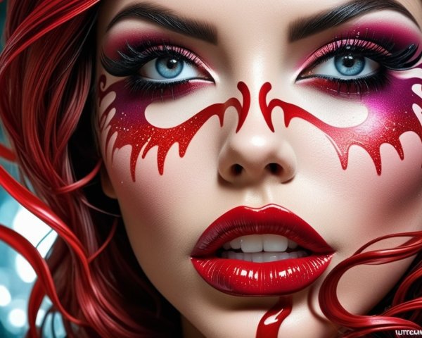 Close-up of a model with bold crimson makeup and red hair