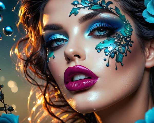 Portrait of a Woman with Bold Makeup and Floral Designs