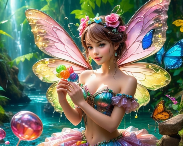 Whimsical Fairy in Enchanted Forest with Butterflies