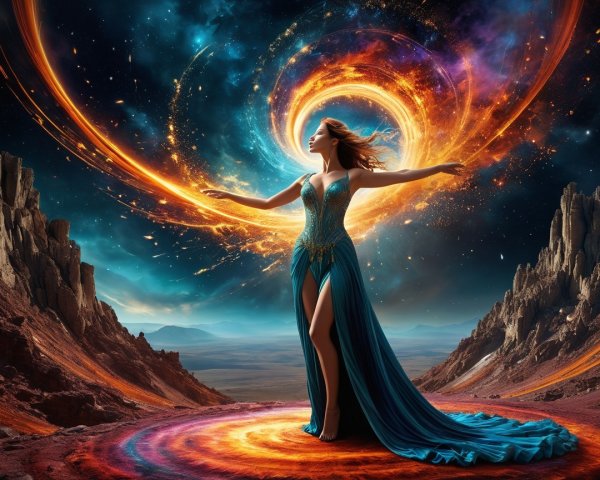 Mystical Woman in Blue Gown Against Cosmic Backdrop