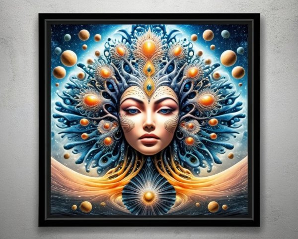 Female Face Artwork with Cosmic Patterns and Colors