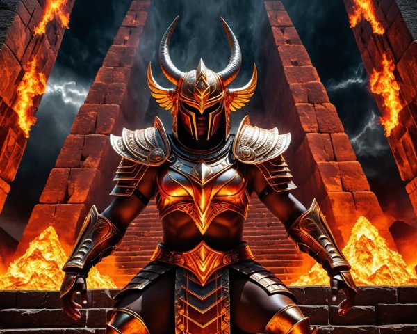 Armored warrior before flame-lit pyramids with lava