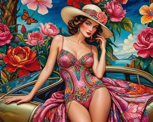 Glamorous Woman in Floral Swimsuit by Classic Car