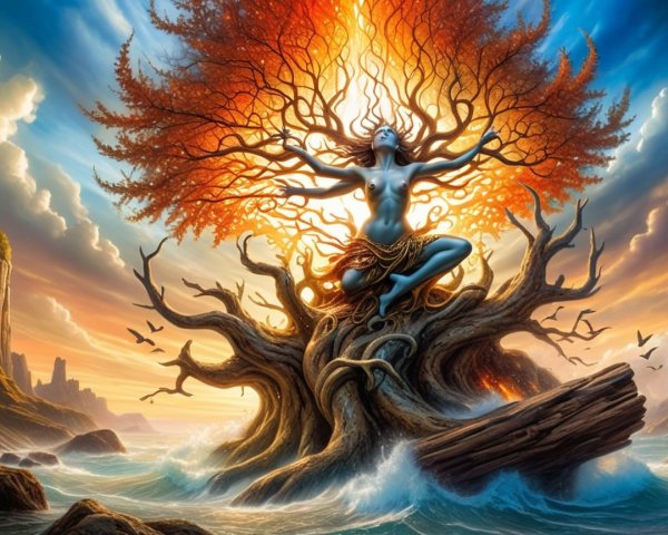 Mystical Scene of Serene Figure and Majestic Tree