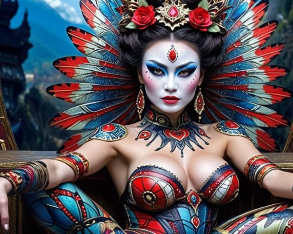 Regal Figure in Body Paint and Feathered Headdress