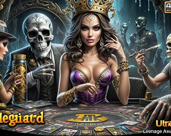 Dramatic Casino Scene with Glamorous Woman and Skeletons
