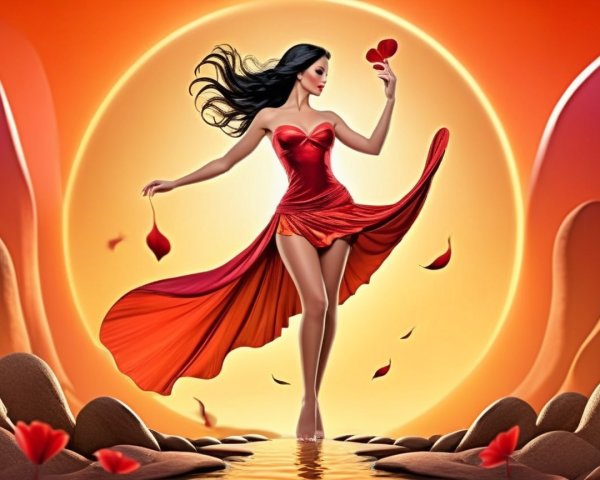 Elegant Woman in Red Dress Against Sunset Background