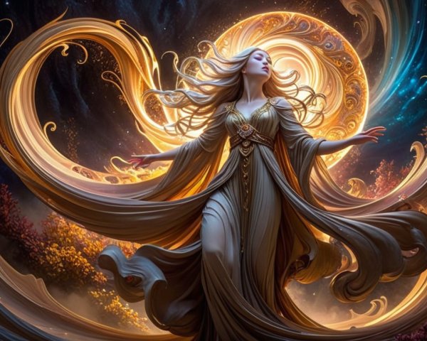 Celestial Figure Surrounded by Golden Light and Galaxies