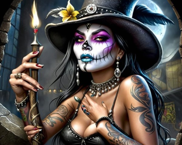 Woman with Tattoos and Face Paint in Dark Setting