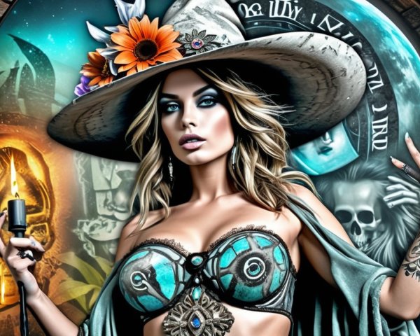 Confident Woman in Turquoise Outfit with Mystical Background