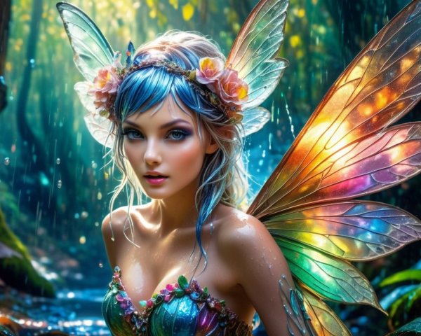 Fairy in Vibrant Forest with Iridescent Wings