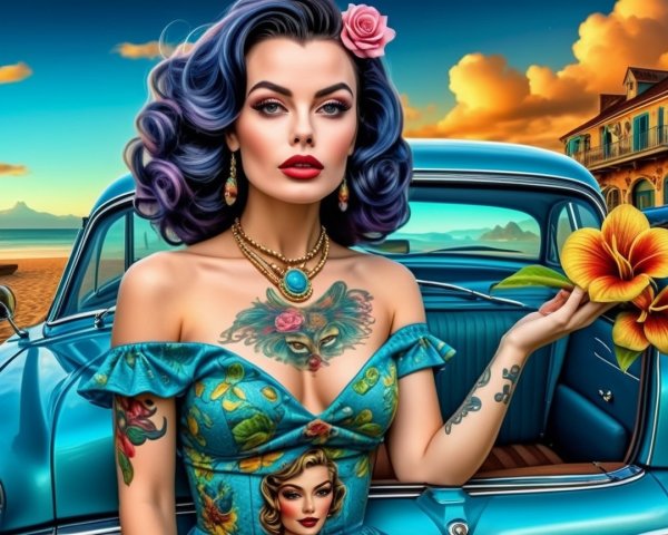 Glamorous Woman with Purple Curls by Vintage Car