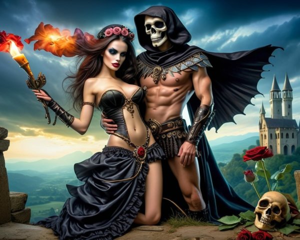 Dramatic Fantasy Scene with Gothic Castle and Couple