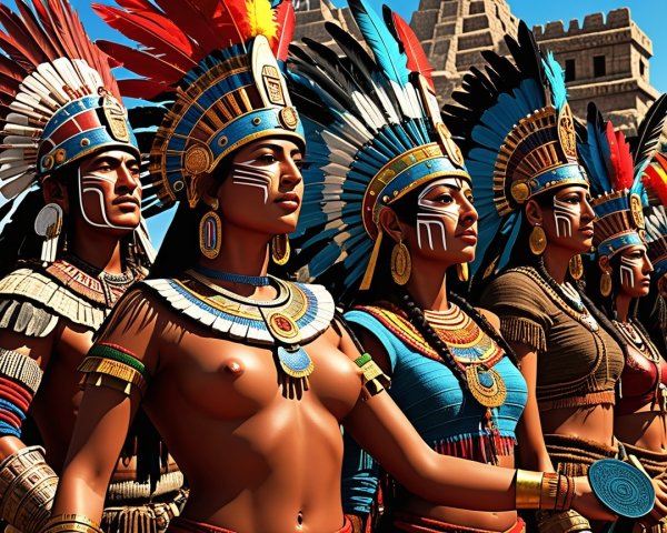 Women in Traditional Attire with Feathered Headdresses