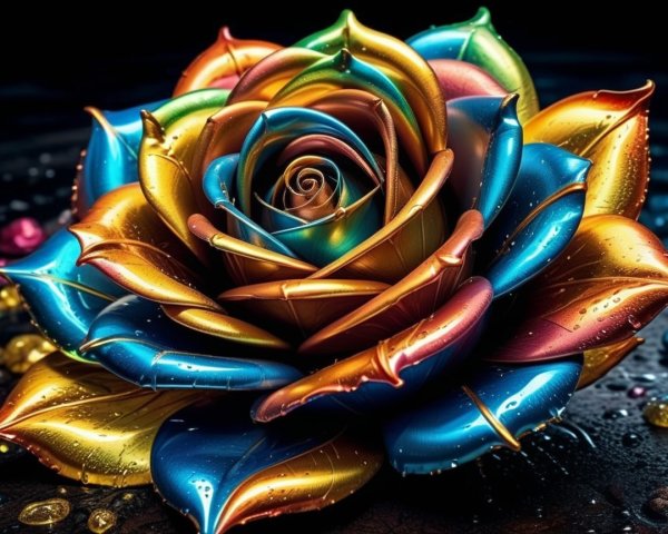 Close-up of a metallic rose with vibrant iridescent petals