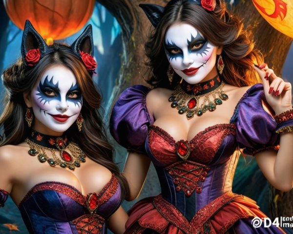 Elegant Gothic Costumes in Whimsical Halloween Setting