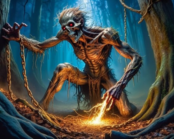 Skeletal Figure in a Dimly Lit Forest Setting