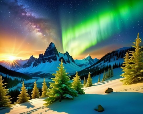 Winter Landscape with Snowy Mountains and Aurora Borealis