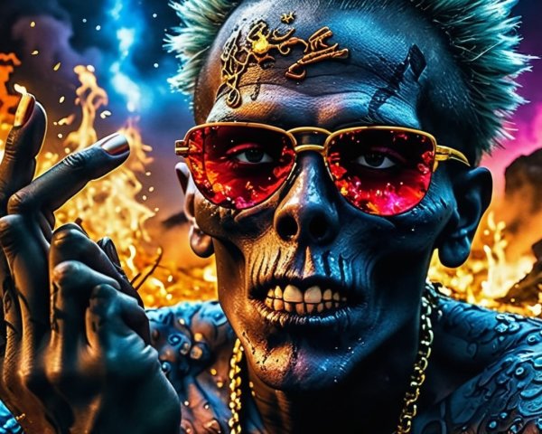 Skeletal Figure with Blue Skin and Fiery Background