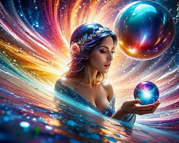 Ethereal Woman in Cosmic Setting with Glowing Orb