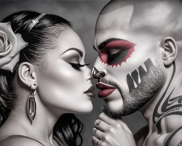 Black-and-white portrait of a couple with dramatic styling