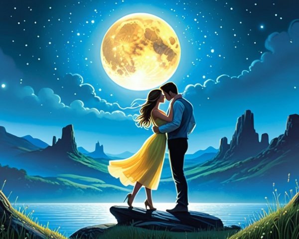 Romantic Moonlit Scene with Couple by Water's Edge