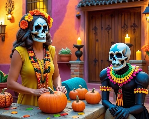 Festive Courtyard with Colorful Decorations and Figures