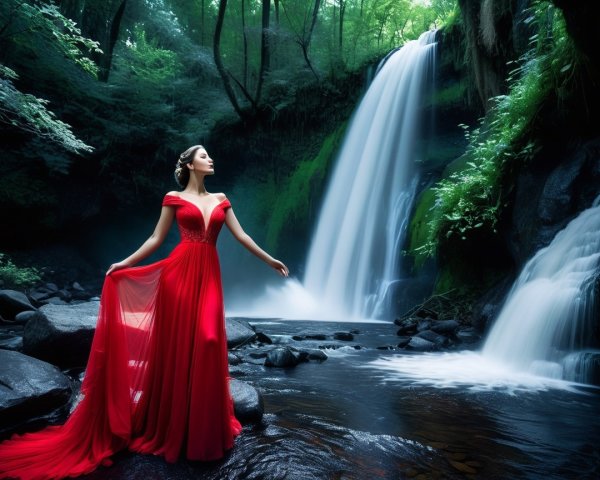 Woman in Red Gown by Serene Waterfall in Forest