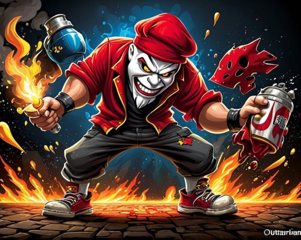 Cartoon Character in Flames with Torch and Spray Can